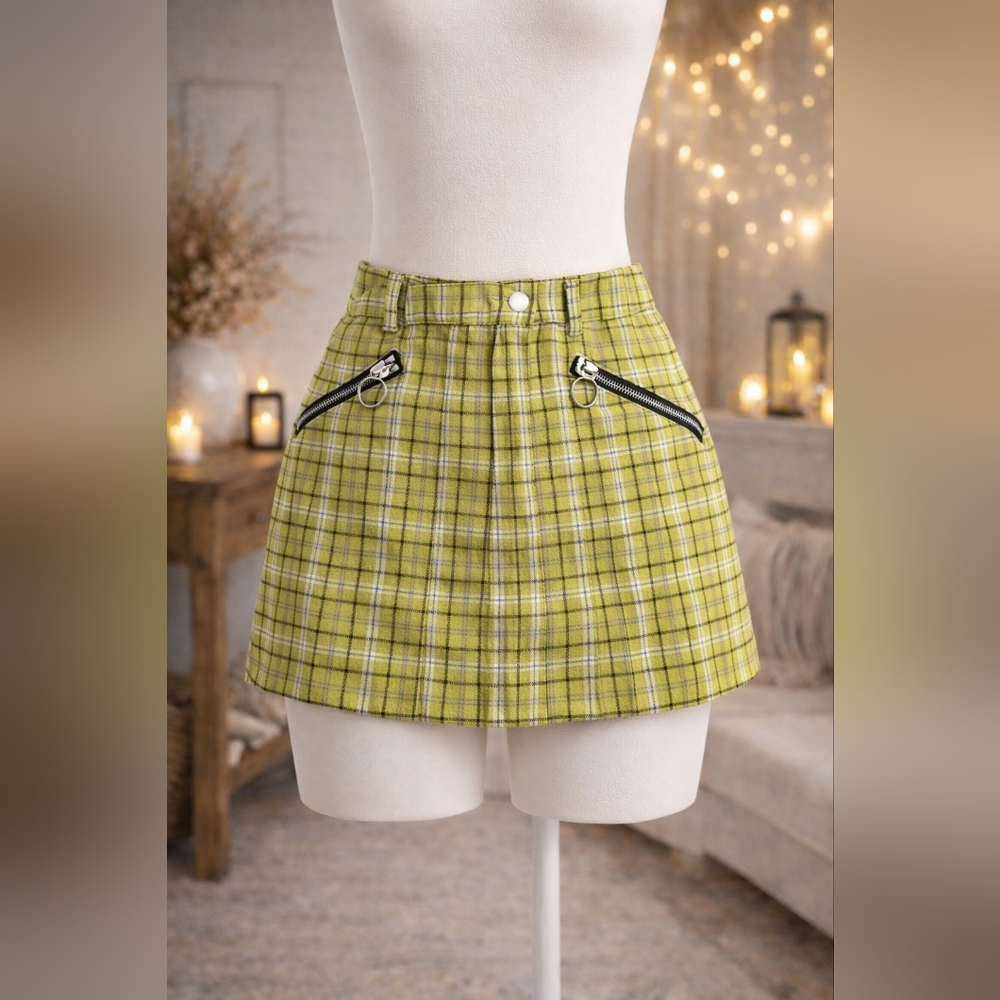 💚UNIF Yellow Plaid Mini Skirt With Zipper Details Y2K Grungy Preppy Aesthetic